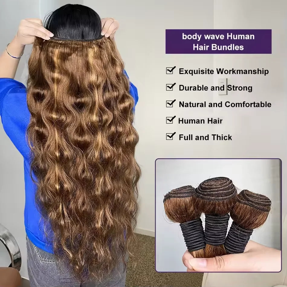 Human Hair Bundles Body Wave Bundles Remy 4/27 Highlight Hair Piano Color Hair Honey Blonde Highlight  1 2 3 4 Bundles For Women