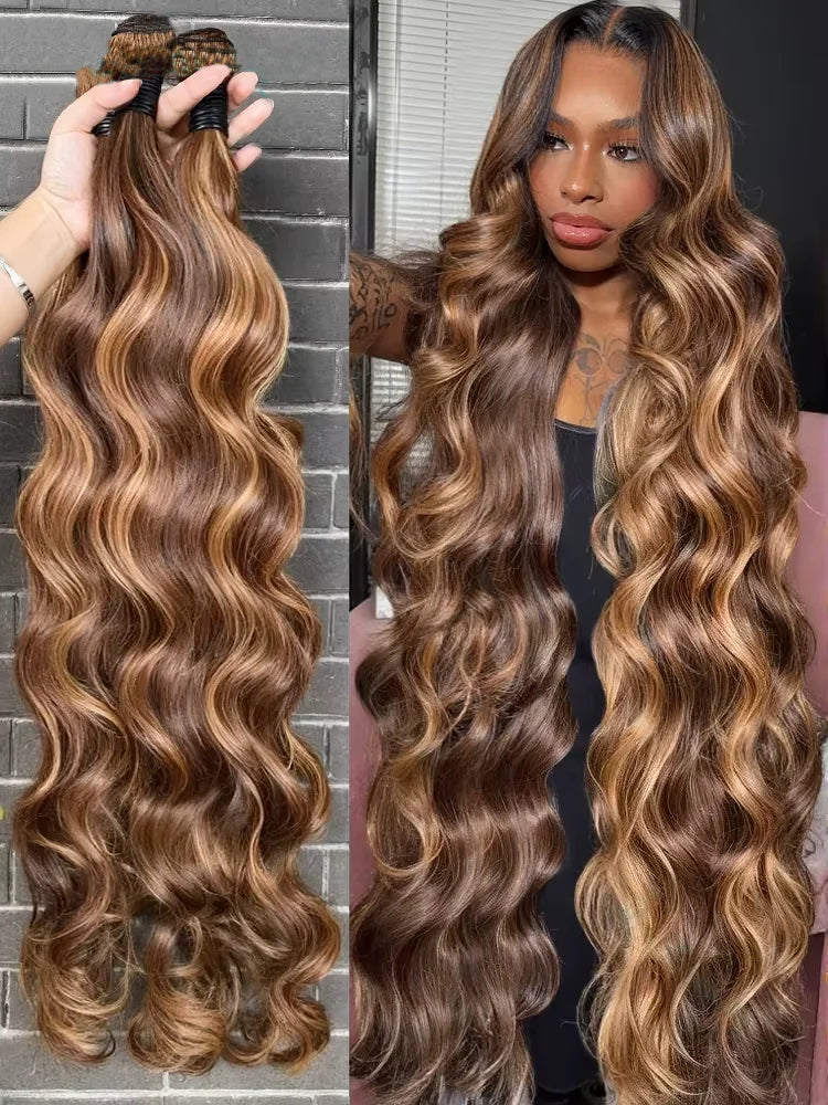 Human Hair Bundles Body Wave Bundles Remy 4/27 Highlight Hair Piano Color Hair Honey Blonde Highlight  1 2 3 4 Bundles For Women