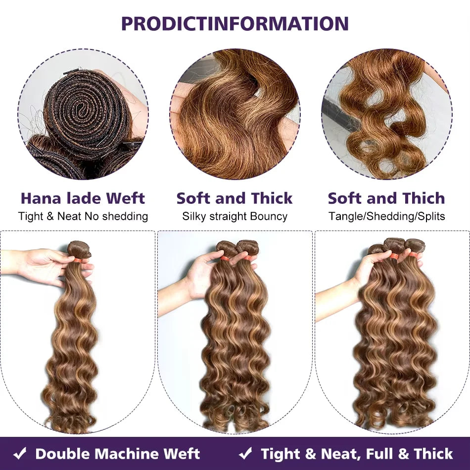 Human Hair Bundles Body Wave Bundles Remy 4/27 Highlight Hair Piano Color Hair Honey Blonde Highlight  1 2 3 4 Bundles For Women