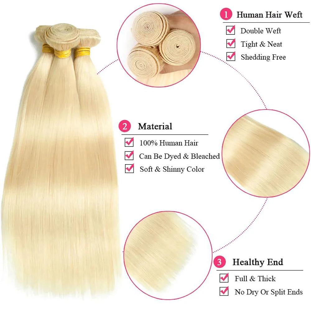 613 Bundles Human Hair 30 Inch Straight Blonde Bundles Human Hair 100% Brazilian Virgin Raw Hair Quick Weave Bundles Blonde Hair