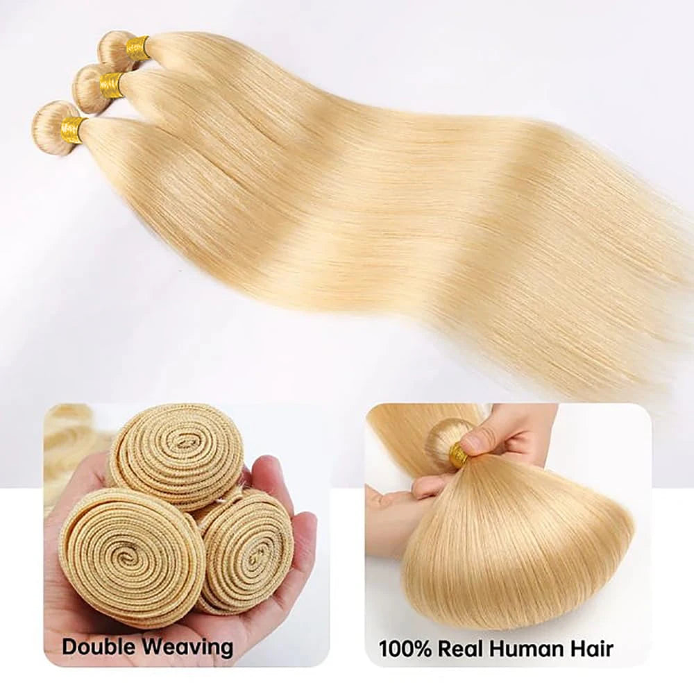 613 Bundles Human Hair 30 Inch Straight Blonde Bundles Human Hair 100% Brazilian Virgin Raw Hair Quick Weave Bundles Blonde Hair