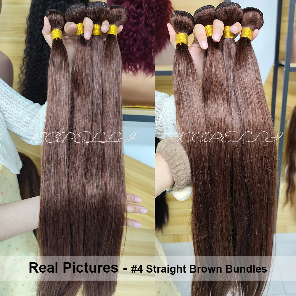Human Hair Bundles with Closure Chocolate Brown Straight Bundles 100% Human Hair Weaving 4x4 13x4 HD Lace Frontal Hair Extension