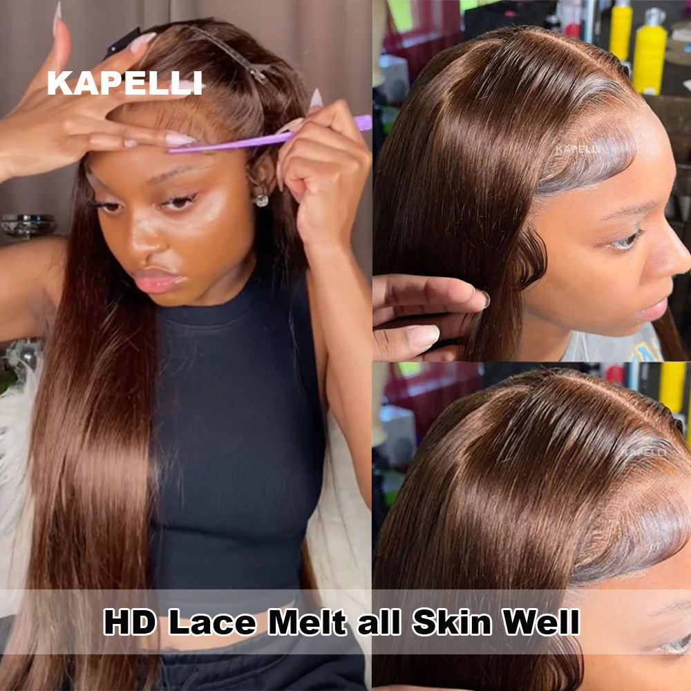 Human Hair Bundles with Closure Chocolate Brown Straight Bundles 100% Human Hair Weaving 4x4 13x4 HD Lace Frontal Hair Extension