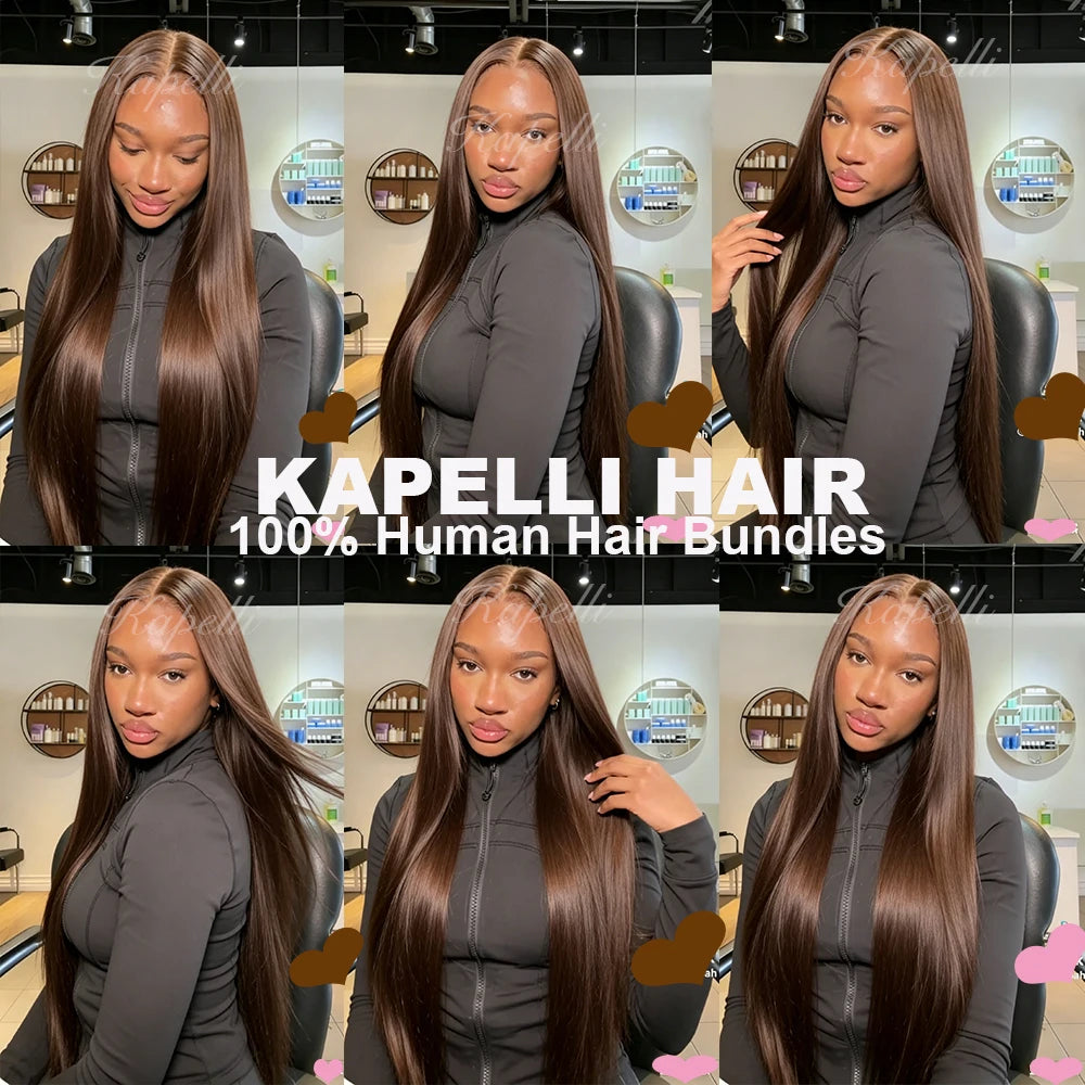 Human Hair Bundles with Closure Chocolate Brown Straight Bundles 100% Human Hair Weaving 4x4 13x4 HD Lace Frontal Hair Extension