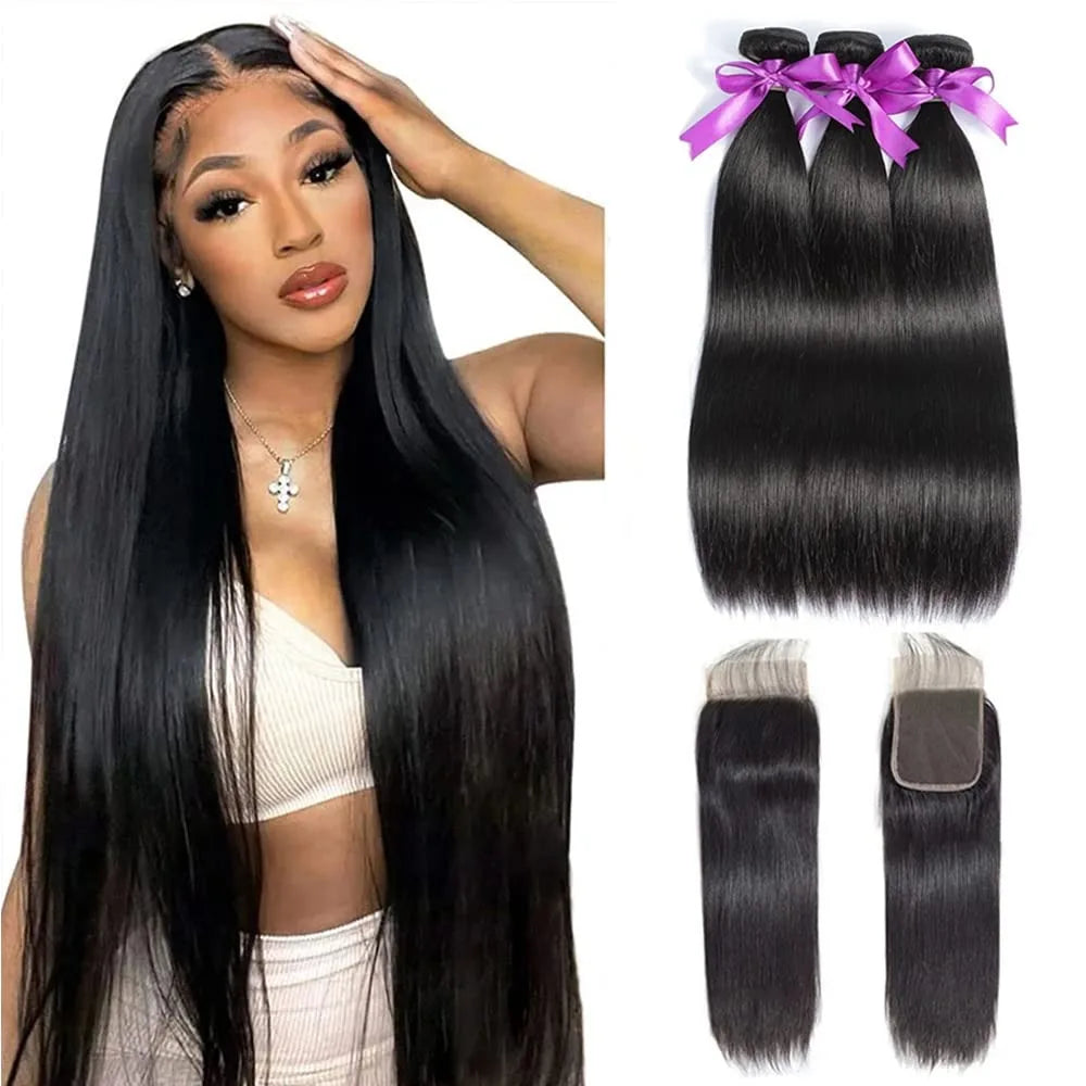 Human Hair Bundles with Closure Chocolate Brown Straight Bundles 100% Human Hair Weaving 4x4 13x4 HD Lace Frontal Hair Extension