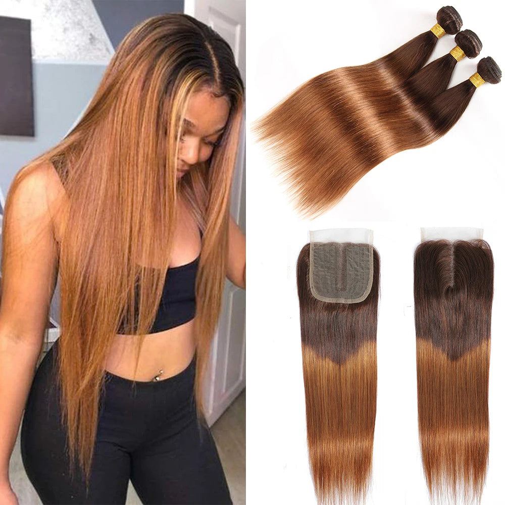 Human Hair Bundles with Closure Chocolate Brown Straight Bundles 100% Human Hair Weaving 4x4 13x4 HD Lace Frontal Hair Extension