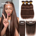 Human Hair Bundles with Closure Chocolate Brown Straight Bundles 100% Human Hair Weaving 4x4 13x4 HD Lace Frontal Hair Extension