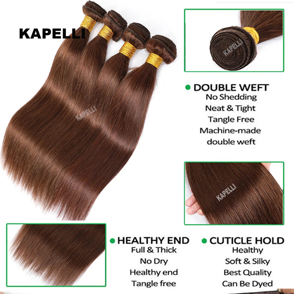 Human Hair Bundles with Closure Chocolate Brown Straight Bundles 100% Human Hair Weaving 4x4 13x4 HD Lace Frontal Hair Extension