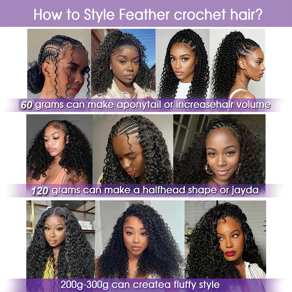 60g/pack Feather Human Crochet Hair for Braiding Deep Wave Crochet Human Hair Knotless Miracle Knots Hair Extensions Boho Braids